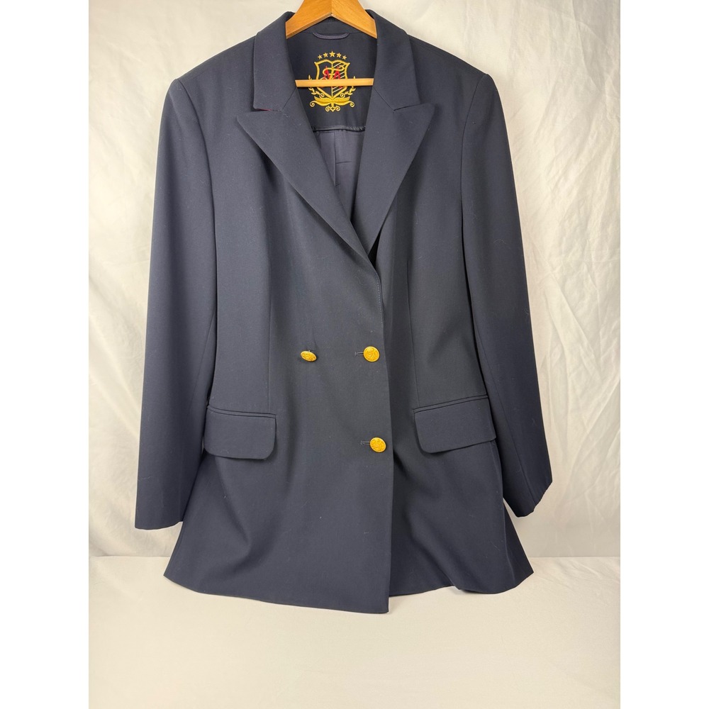 Mondi Fashion Size L Navy Gold Button Double Breasted Crest Blazer Wool Blend
